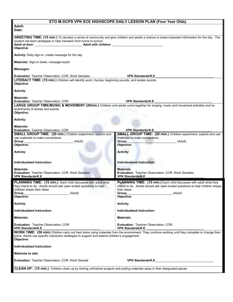 Sample Highscope Preschool Daily Plan