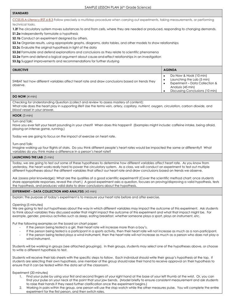 Sample Lesson Plan (6Th Grade Science) Standard Ccss