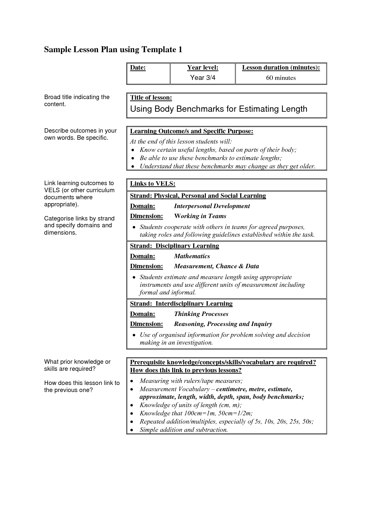 Sample Lesson Plan Using Template 1 Body Benchmarks | Lesson