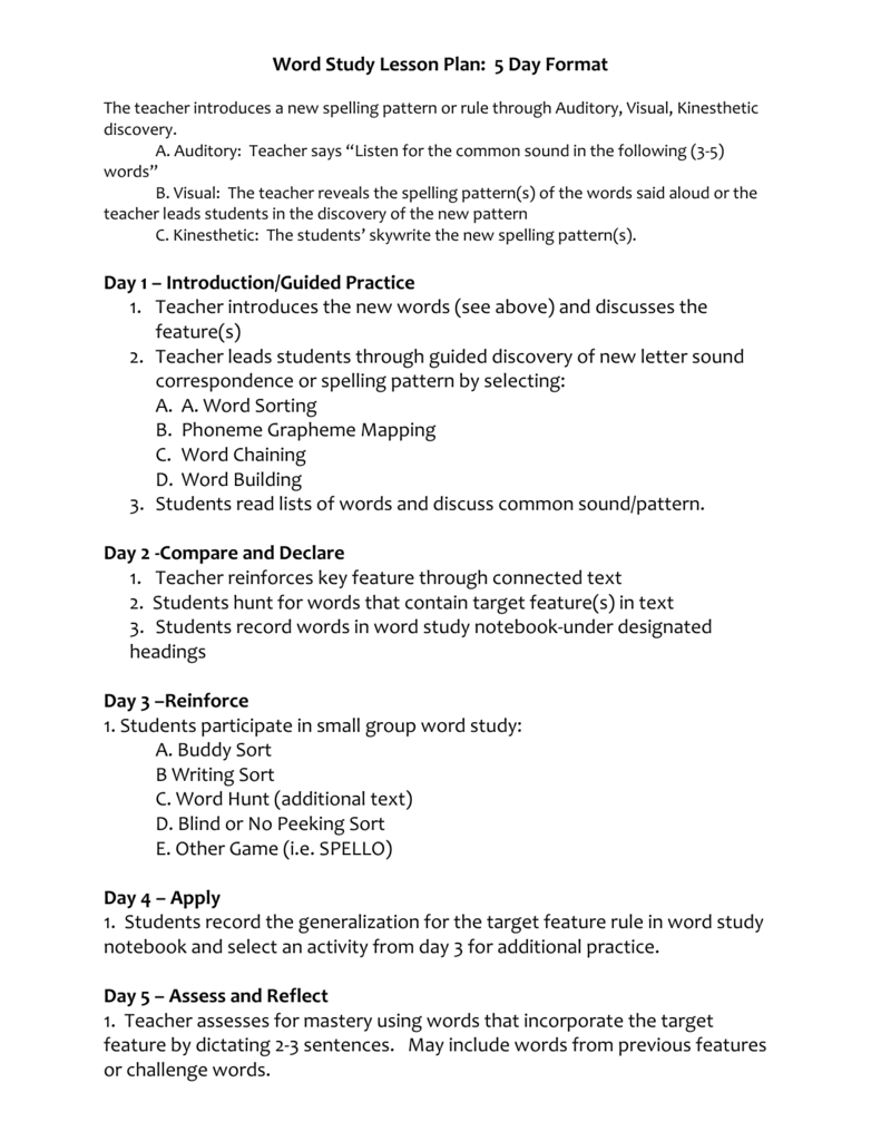 Sample -Word Study Lesson Plan / Weekly Routine (5 Days)