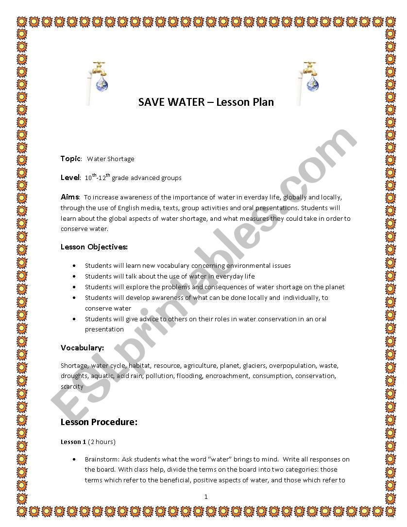 Save Water - Lesson Plan - Esl Worksheetjohanne23232