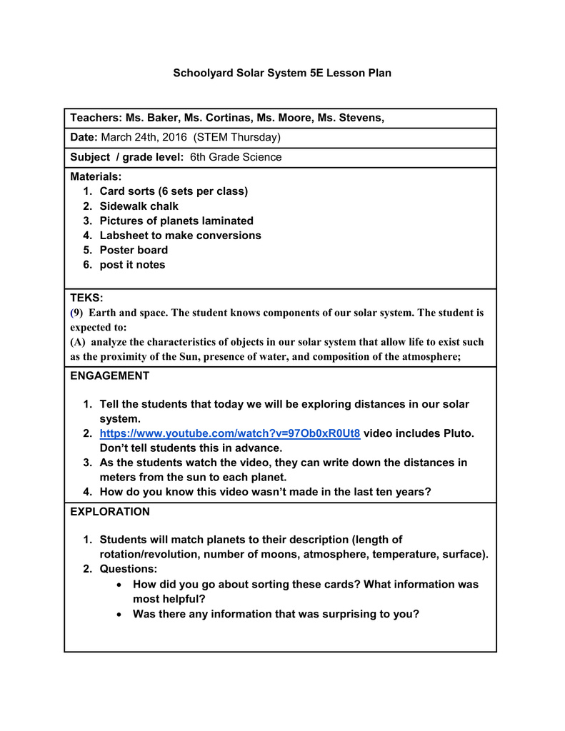 Schoolyard Solar System 5E Lesson Plan