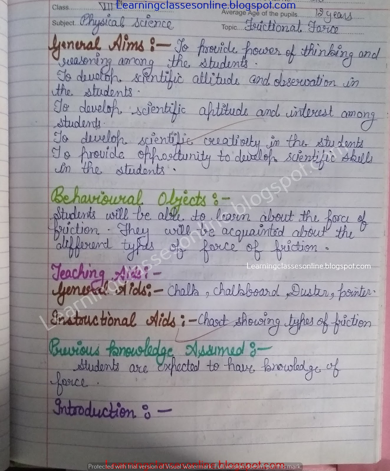 Science Lesson Plan On Frictional Force