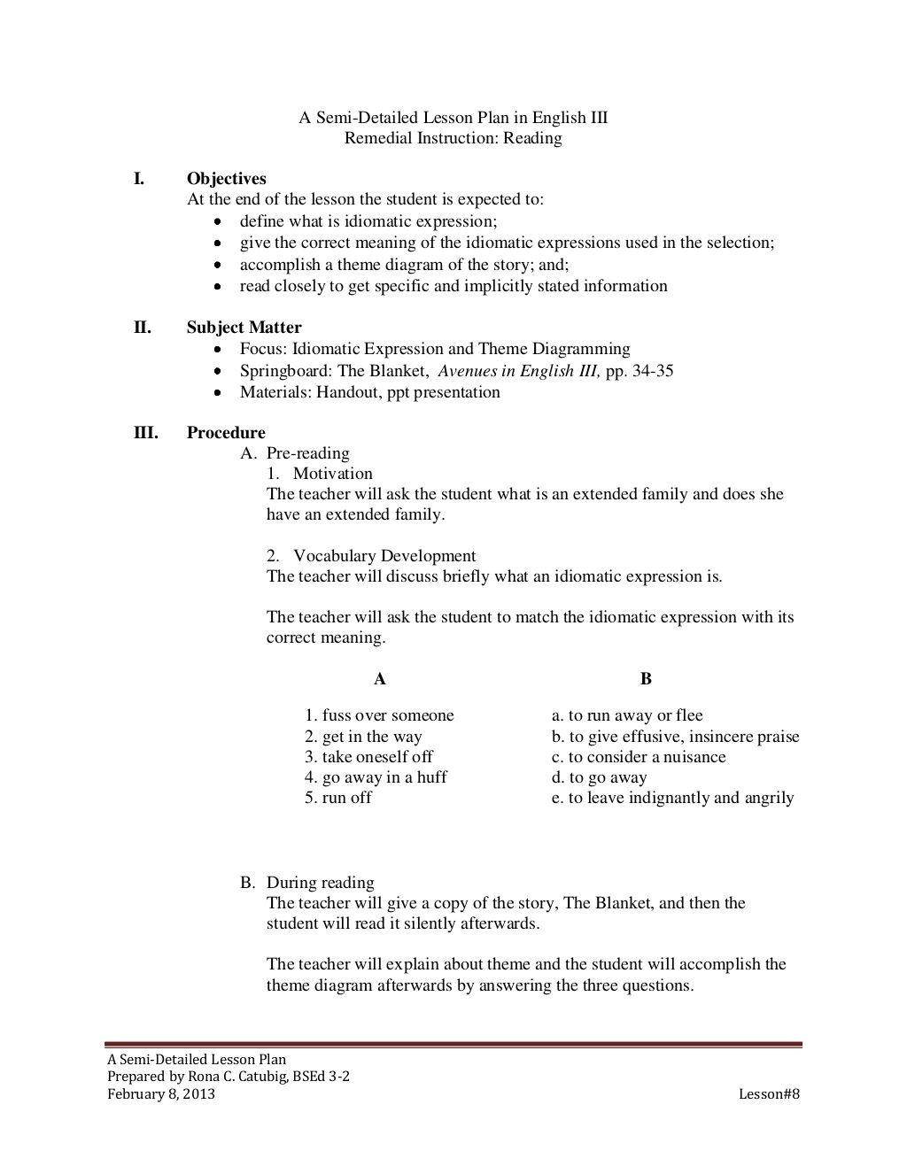 Semi-Detailed Lesson Plan On Idiomatic Expressions