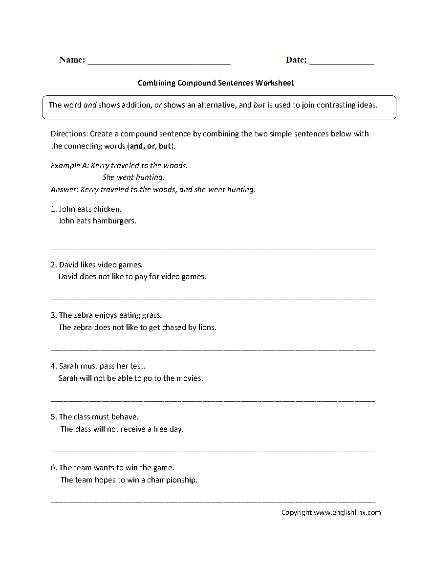 Compound Sentences For Third Grade Worksheets
