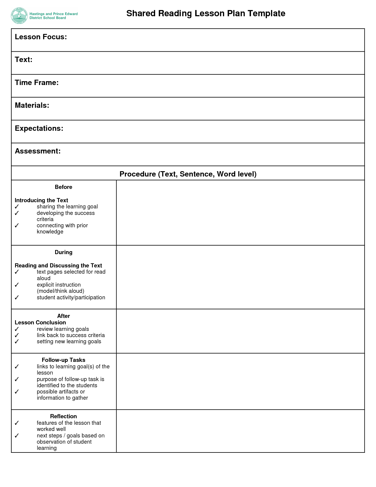 Shared Reading Lesson Plan Template | Shared Reading Lesson