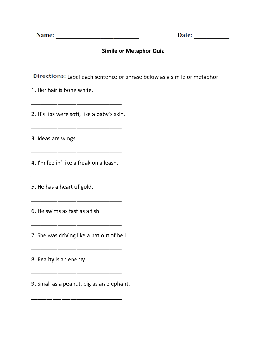 simile or metaphor quiz worksheet similes and metaphors