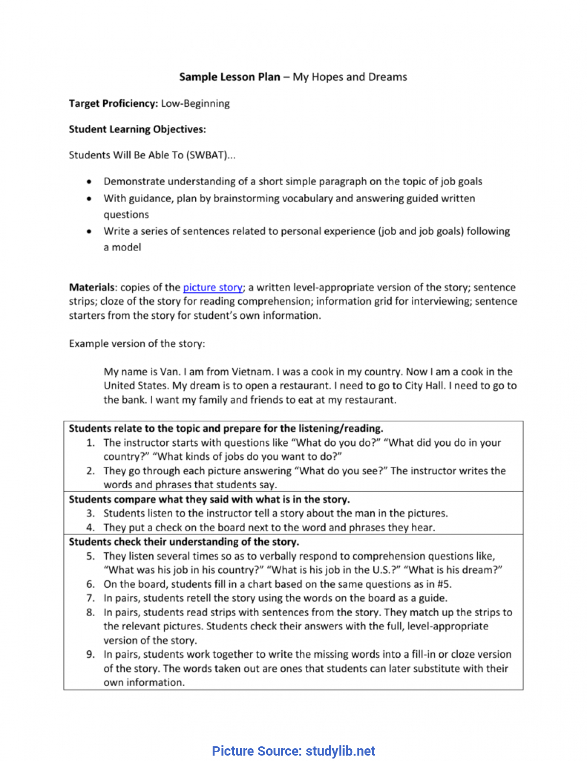 Simple Reading Comprehension Lesson Plan Objectives Sample