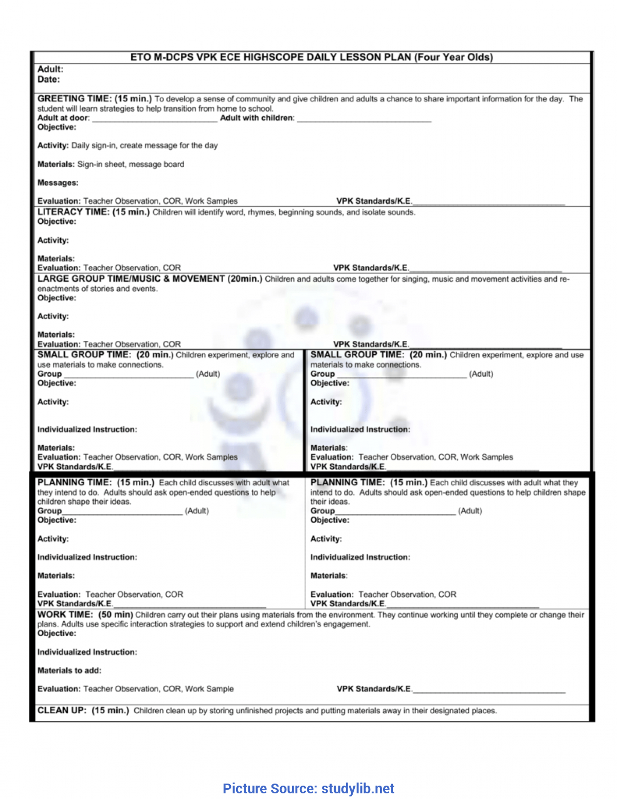 Simple Teacher High Scope Lesson Plan Template Preschool