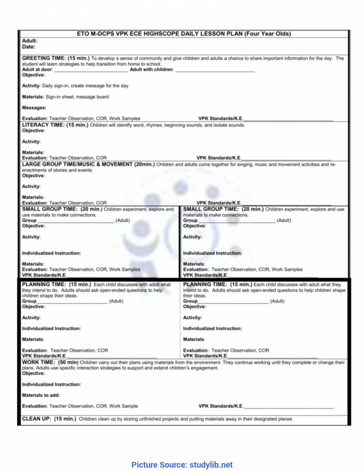 Simple Teacher High Scope Lesson Plan Template Preschool Lesson Plans