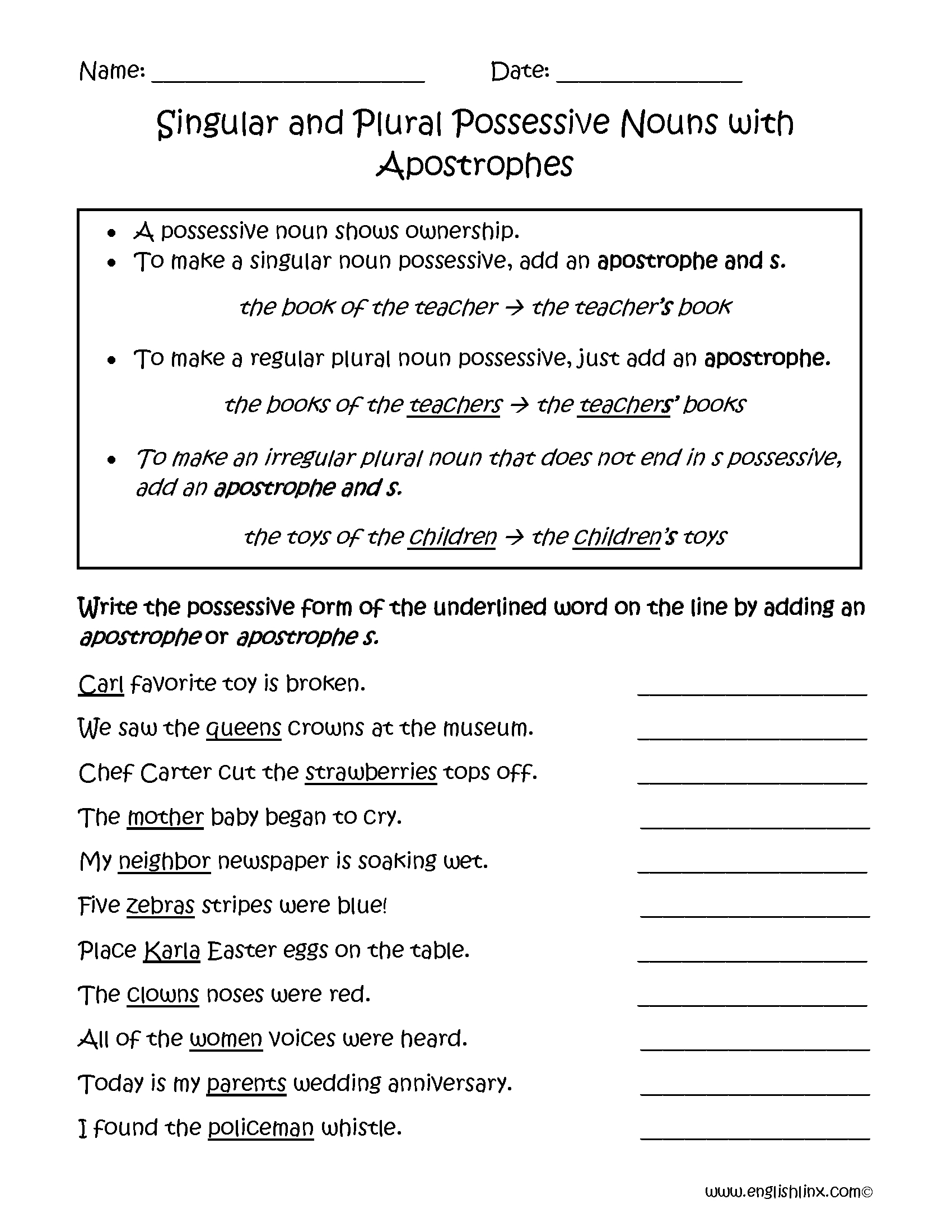 Singular And Plural Possessive Nouns With Apostrophes