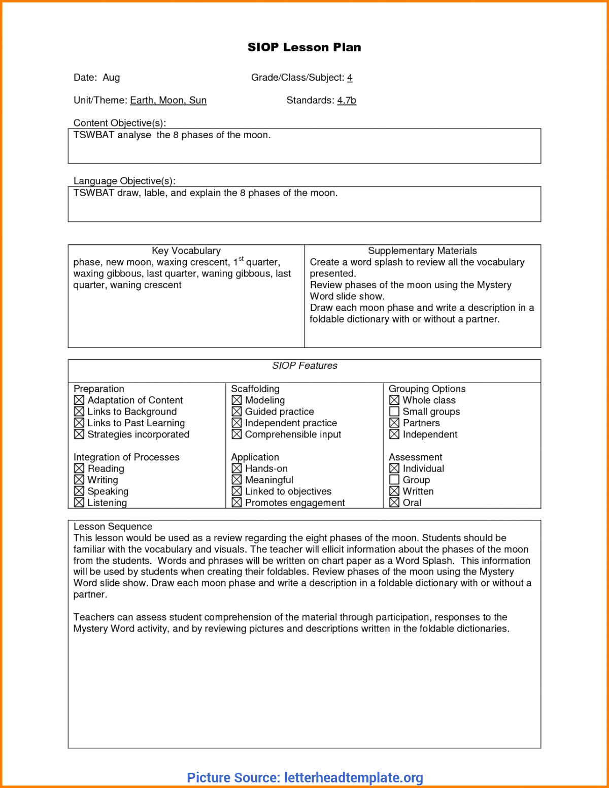 Siop Lesson Plan Template 2 - Doc | Paperwork | Pinterest