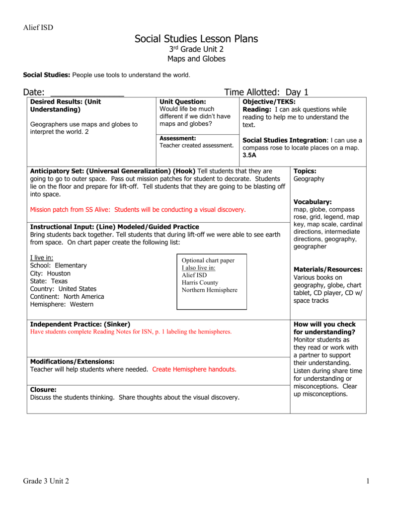 Social Studies Lesson Plans - Alief Independent School District