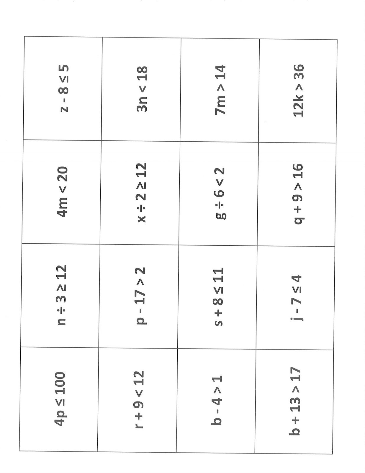 Solving Inequalities Matching Activity | Solving