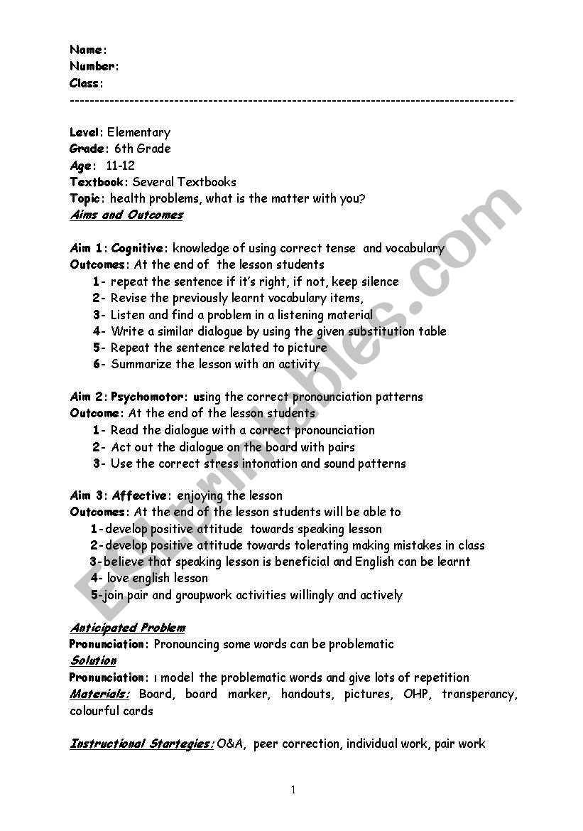 Speaking Lesson Plan For Health Problems - Esl Worksheet