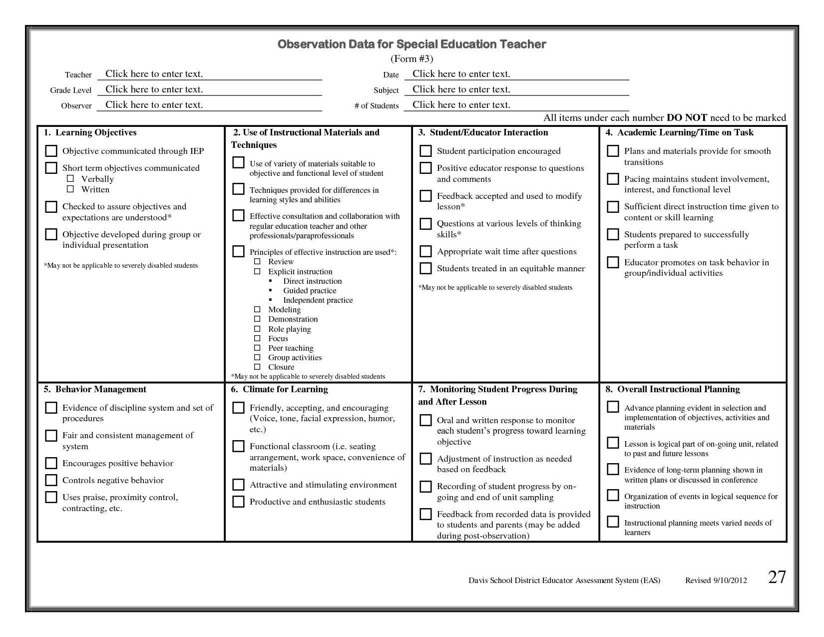 Special Education Forms | Observation Data For Special