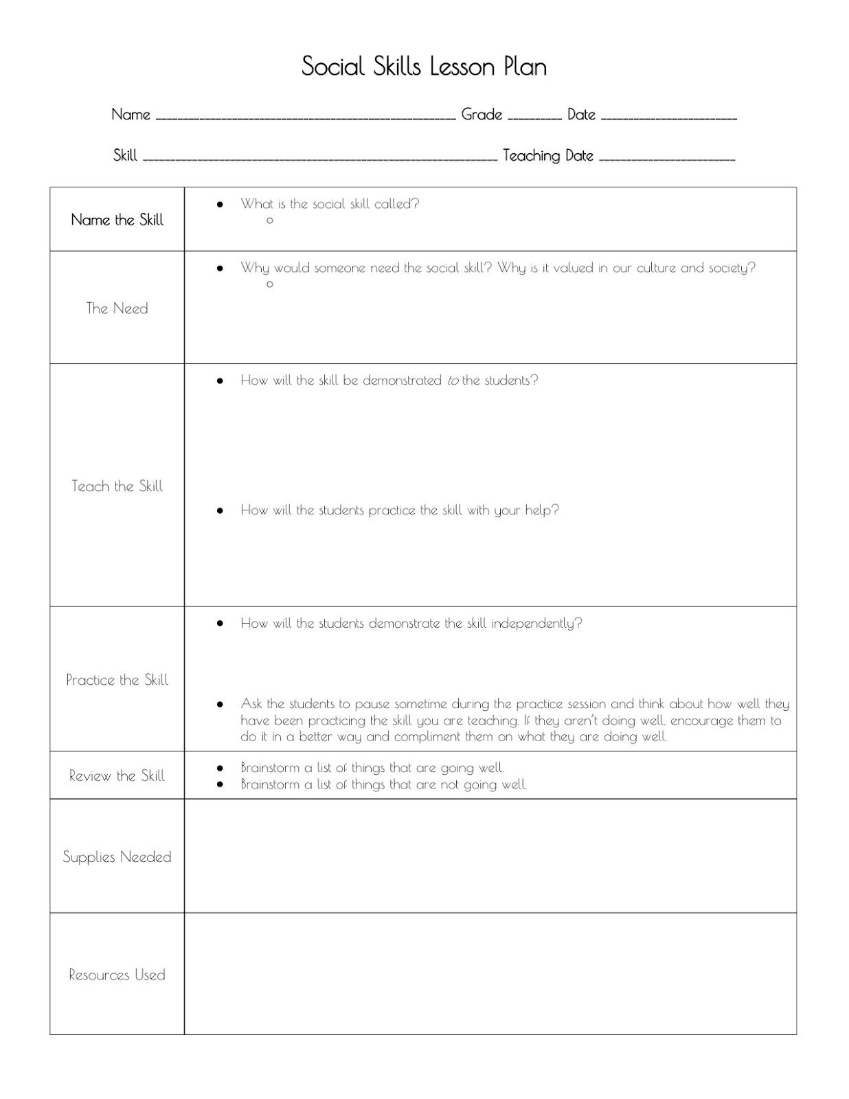 Sped Head: Social Skills Lesson Plan Format - Speciaal