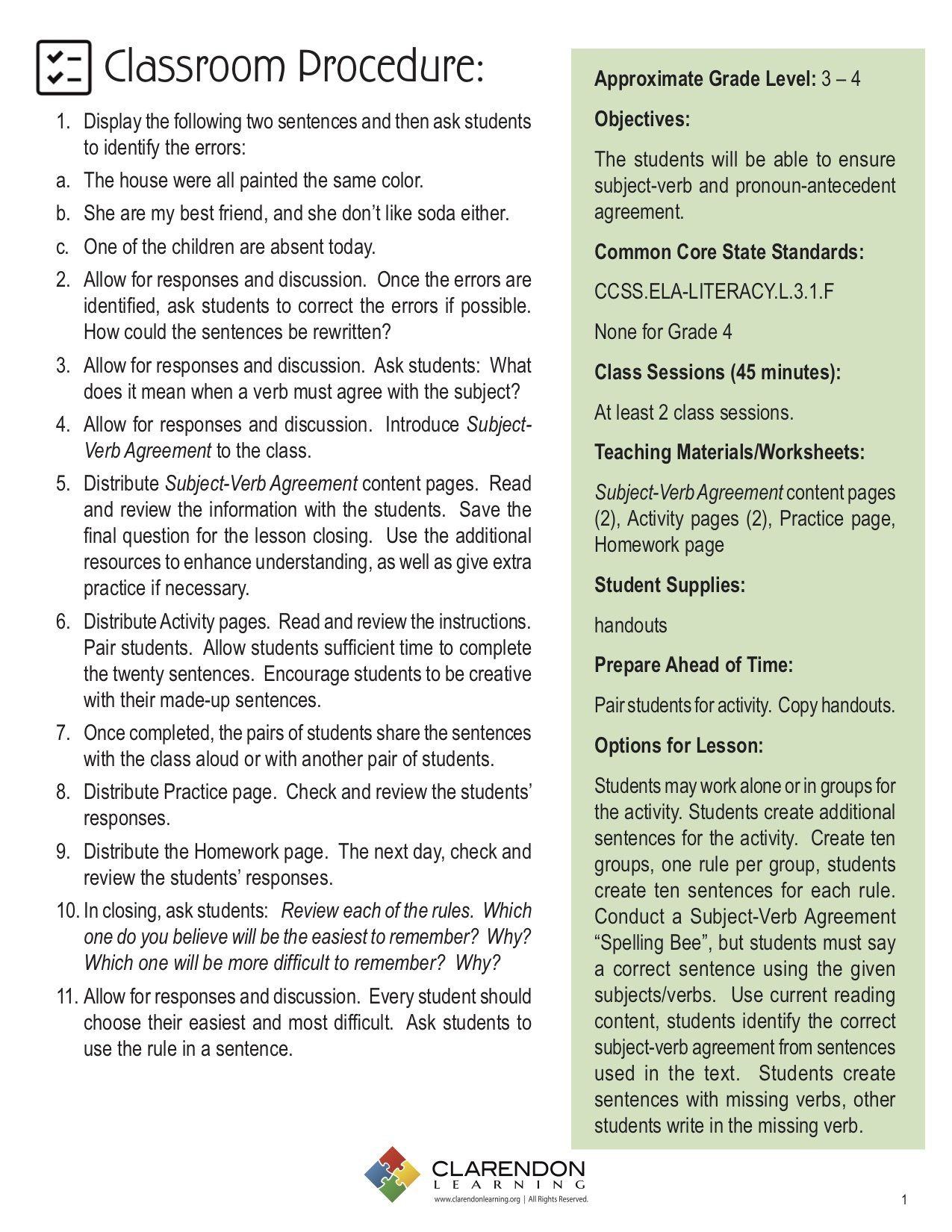 Subject Verb Agreement Lesson Plan Grade 4