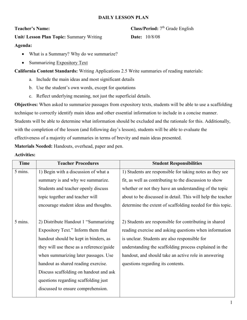 Summary Lesson Plan 3