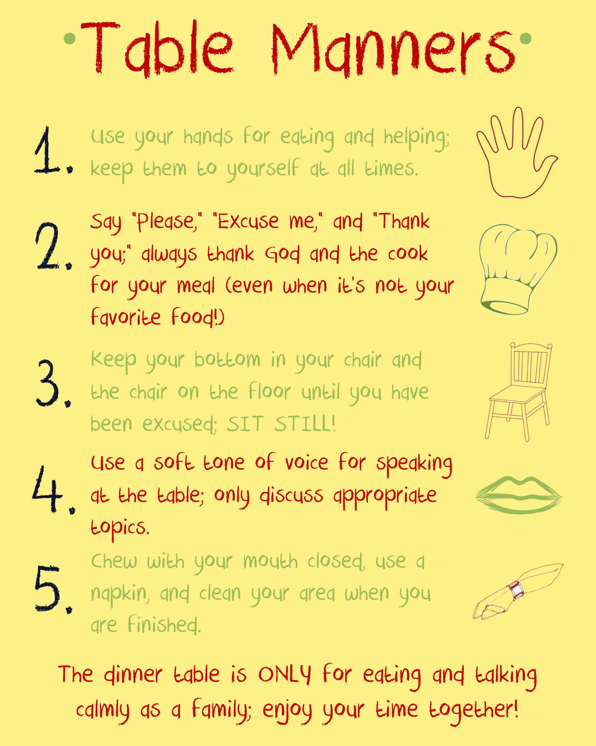 Table Manners Reminders. Sometimes Big Kids Need Reminders