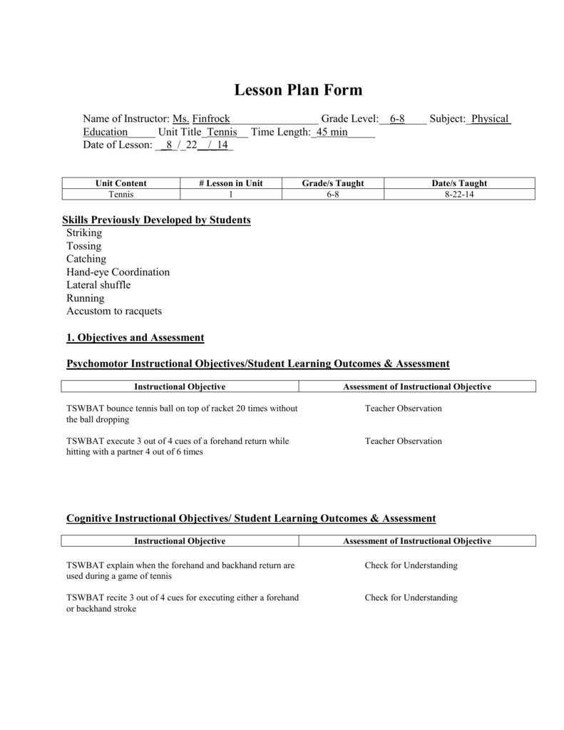 Tennis Unit Lesson Plan