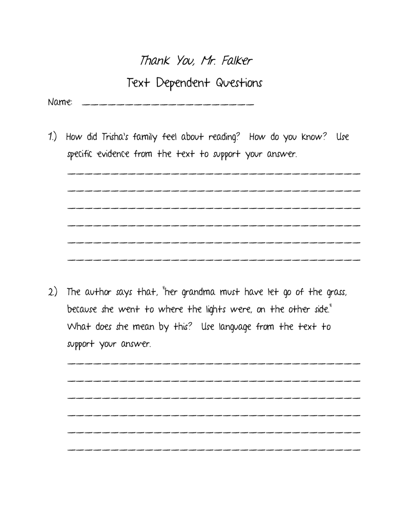 Thank You, Mr. Falker Text Dependent Questions Pdf (With