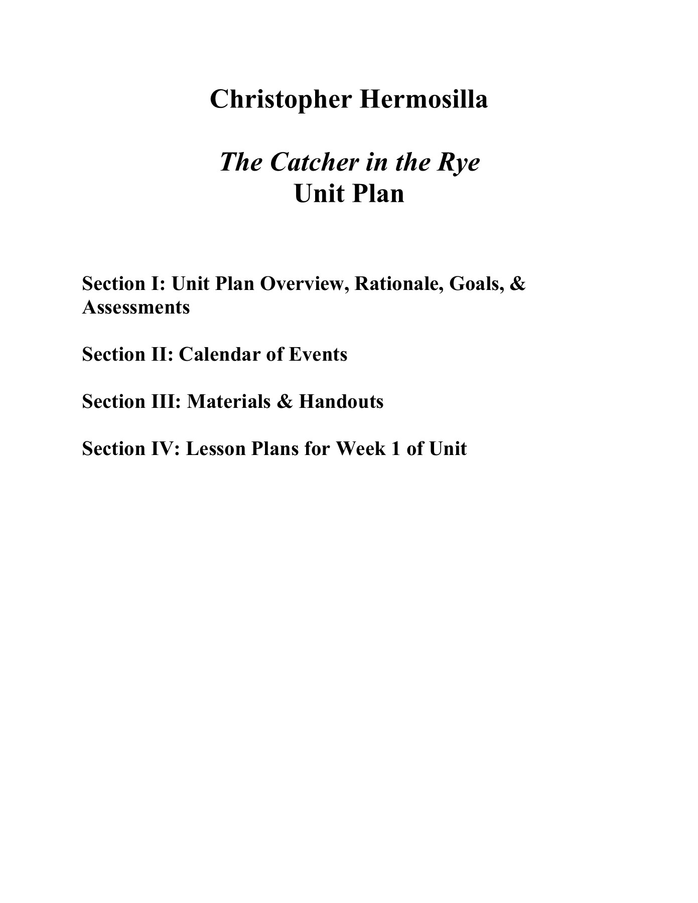 The Catcher In The Rye Unit Plan Pages 1 - 50 - Text Version