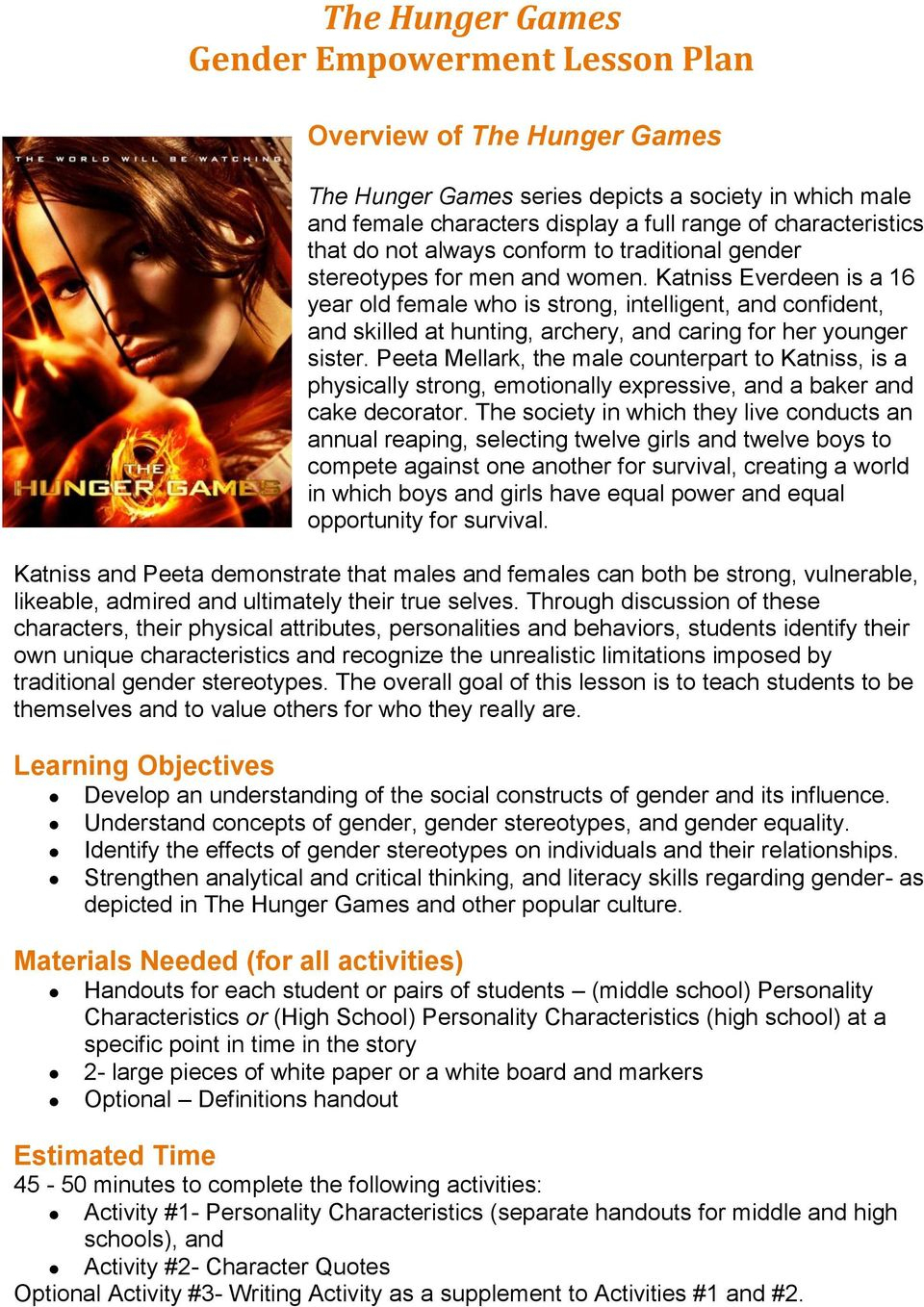The Hunger Games Gender Empowerment Lesson Plan - Pdf Free