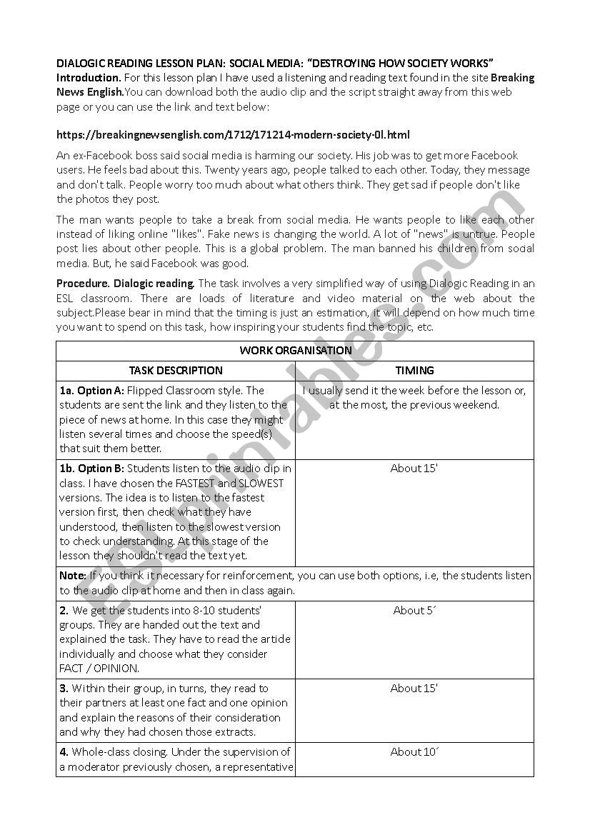 The Real Lesson Plan For Social Networks - Esl Worksheet