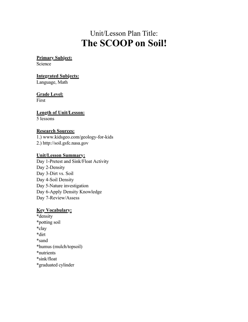 The Scoop On Soil! Unit/lesson Plan Title: