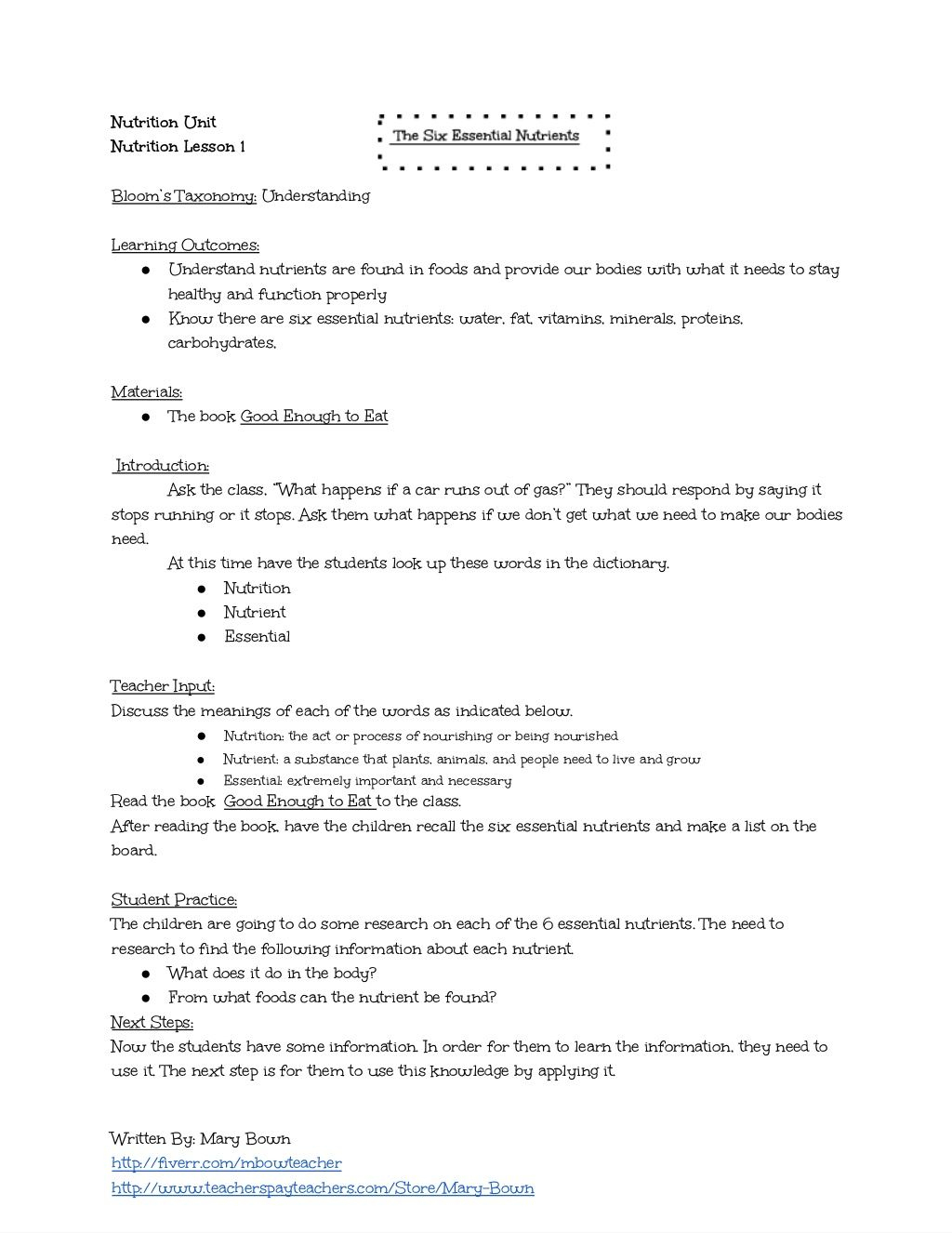 The Six Essential Nutrients: Lesson Plan And Worksheet