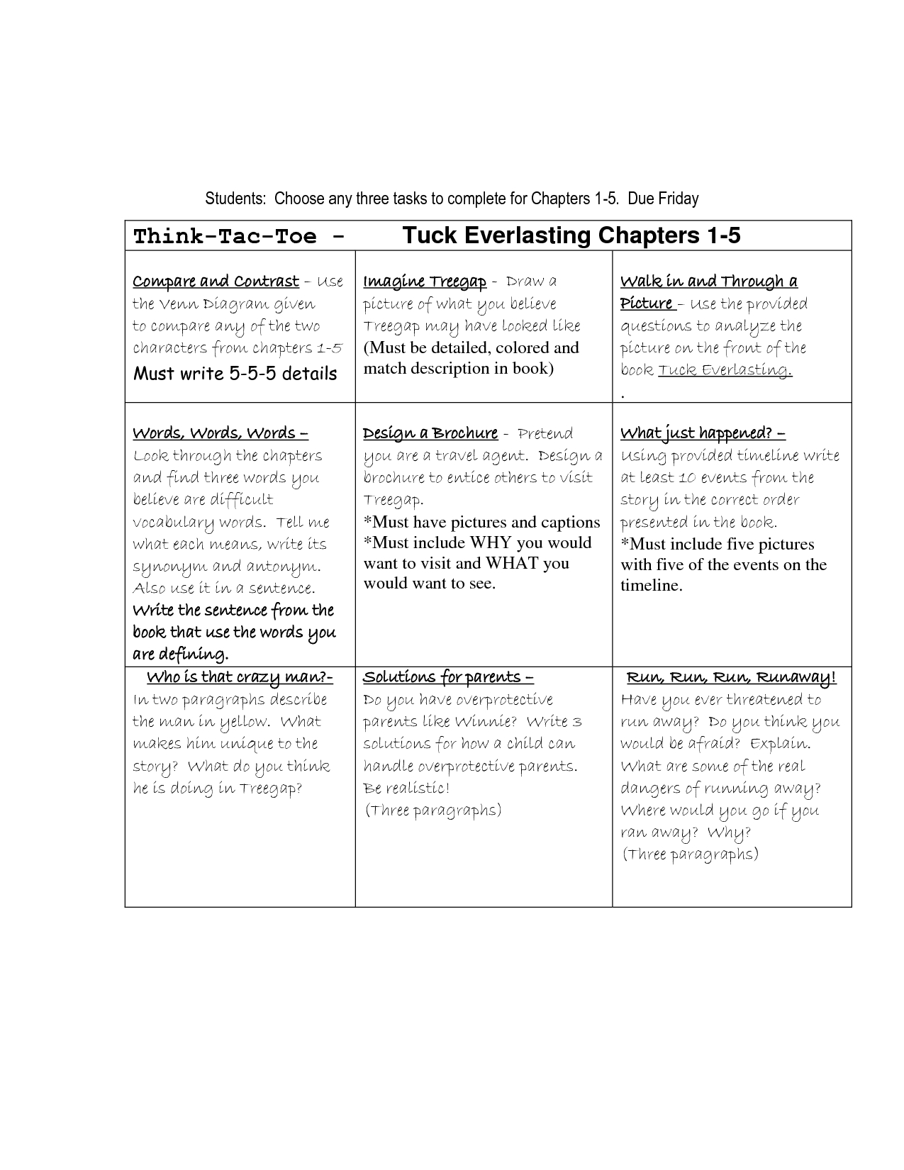 Think_Tac_Toe Tuck Everlasting Chapters 1-5 | Middle School