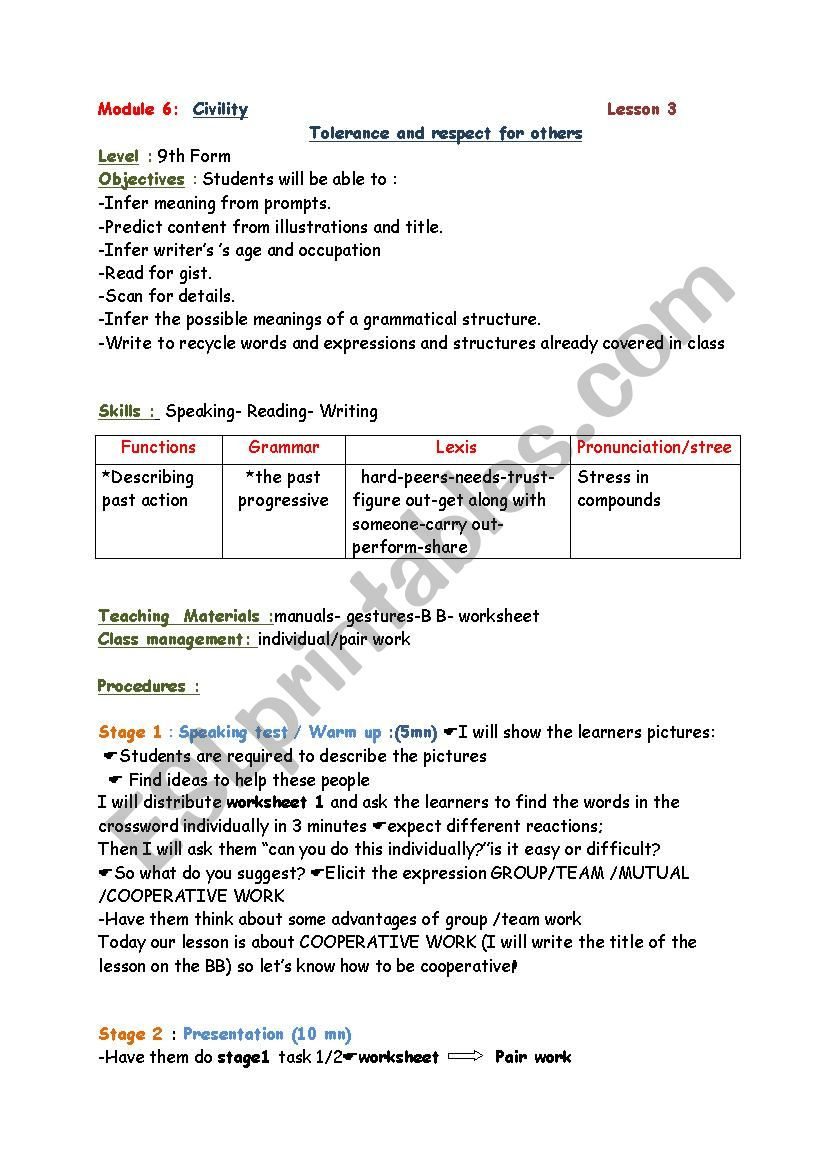 Tolerance And Respect For Others Lesson Plan - Esl Worksheet