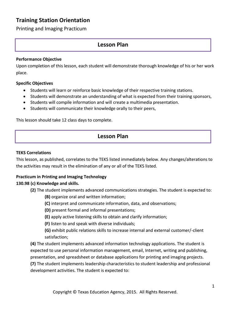 Training Station Orientation Lesson Plan Printing And