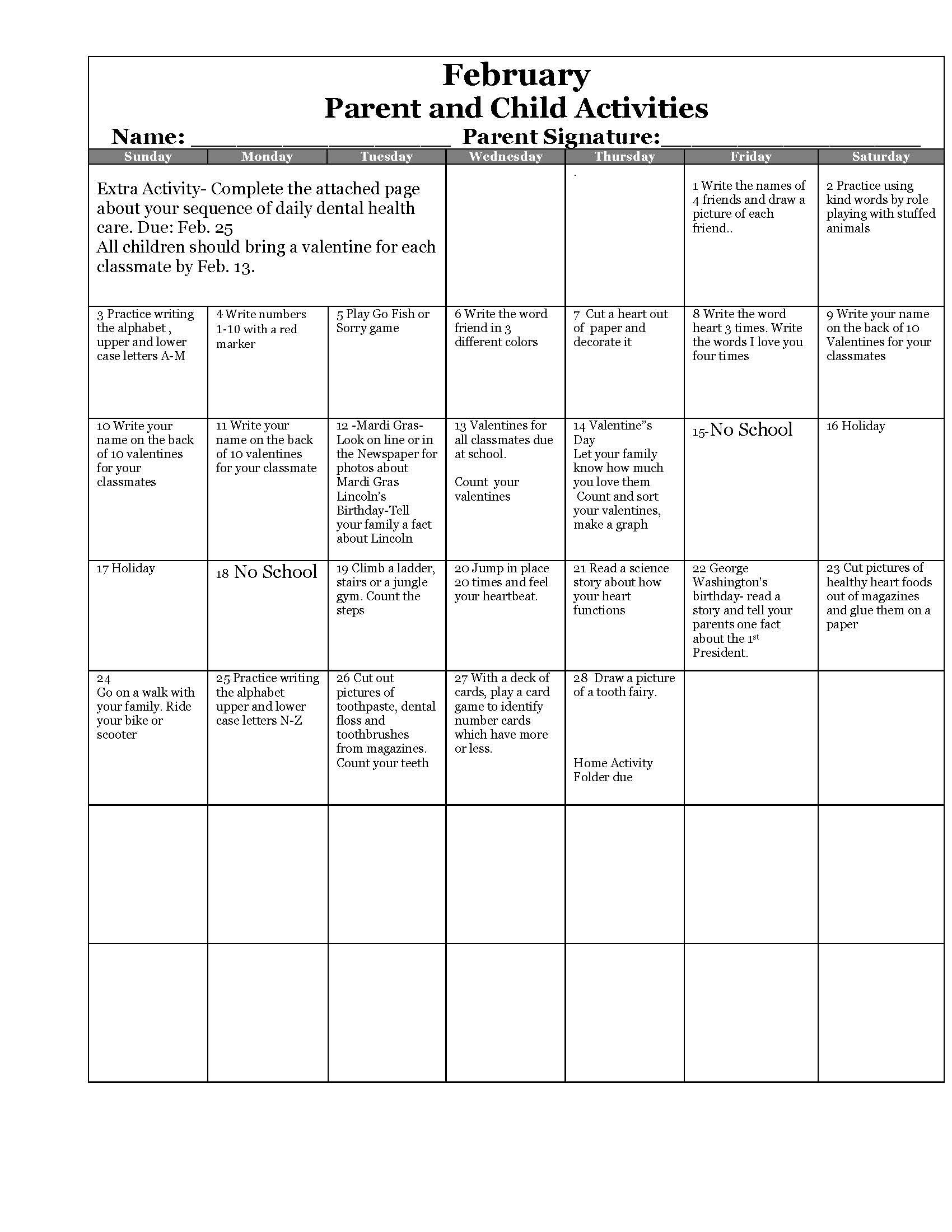 Transitional Kindergarten Home Activity Calendar (With