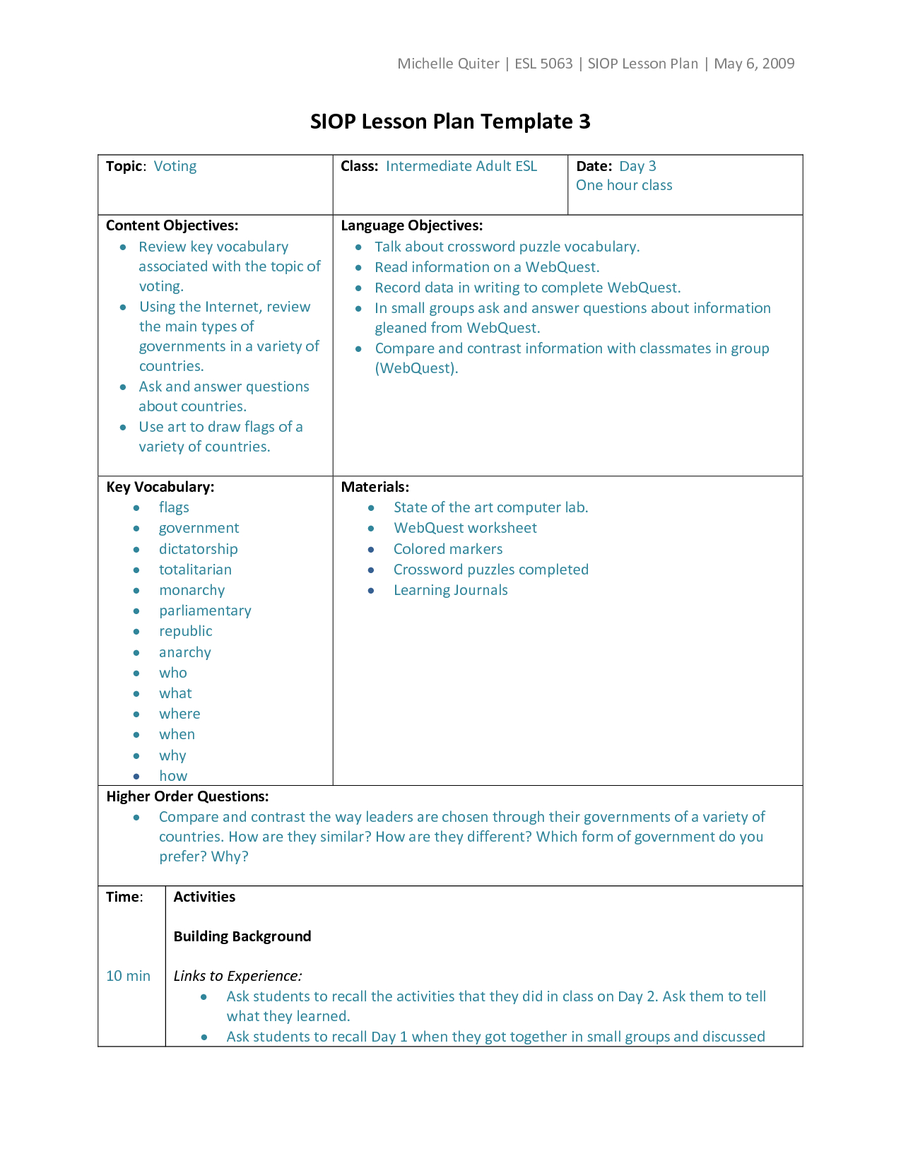 Types Of Lesson Plan Templates | Siop Lesson Plan Template 3