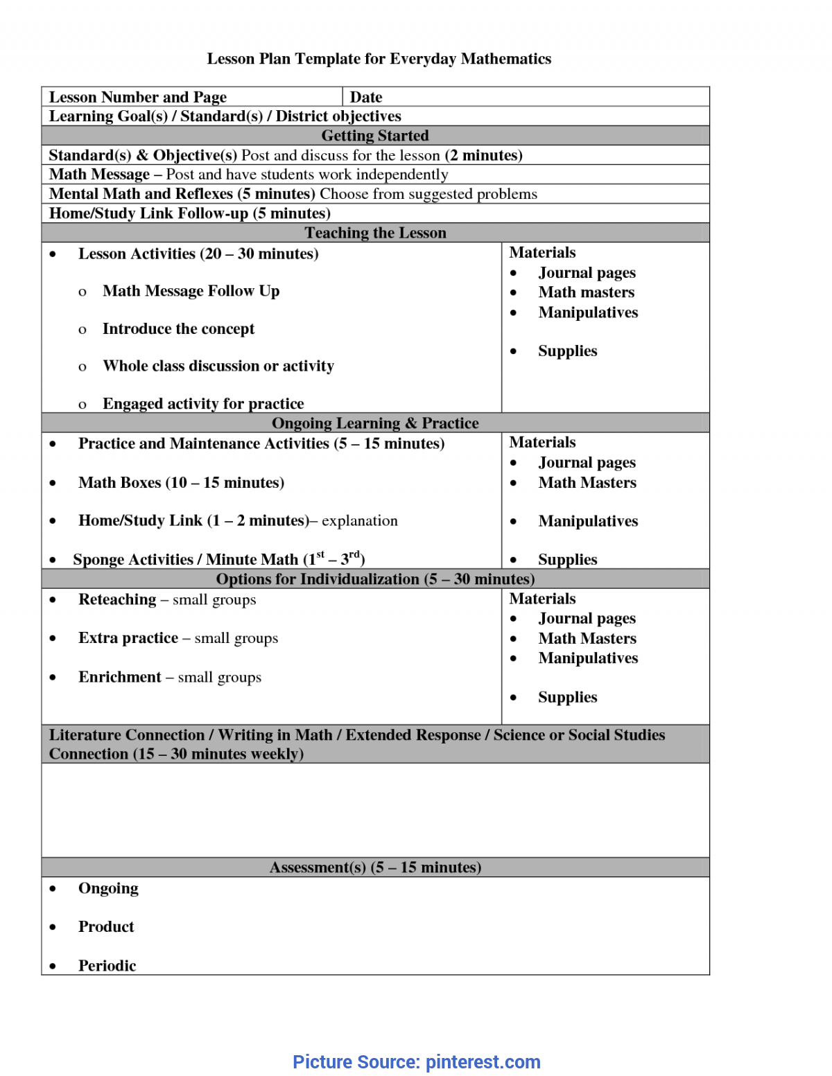 Typical Ell Math Lesson Plans Everyday Math Lesson Plan