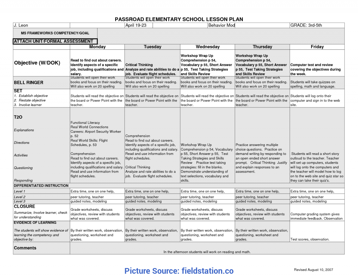 Typical Lesson Plan Examples For Elementary School Lesson