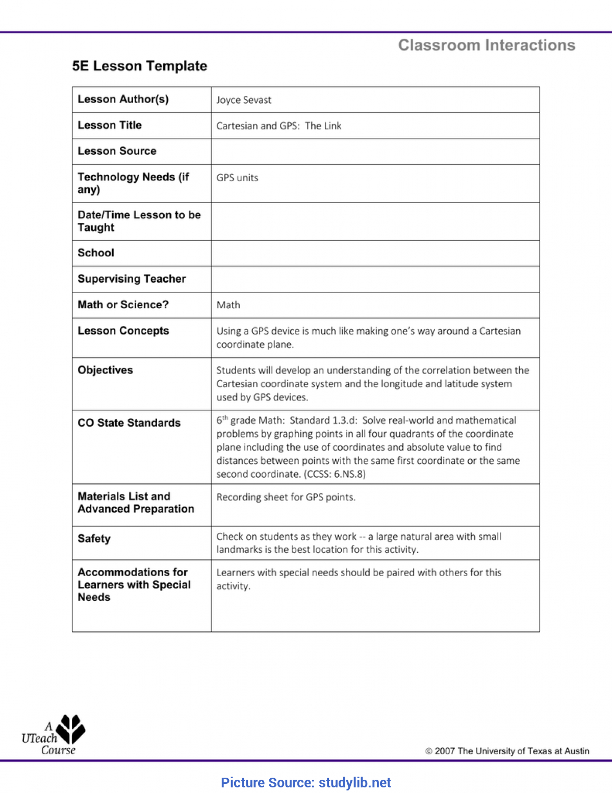Typical Lesson Plan Sample 5E And Texas Classroom