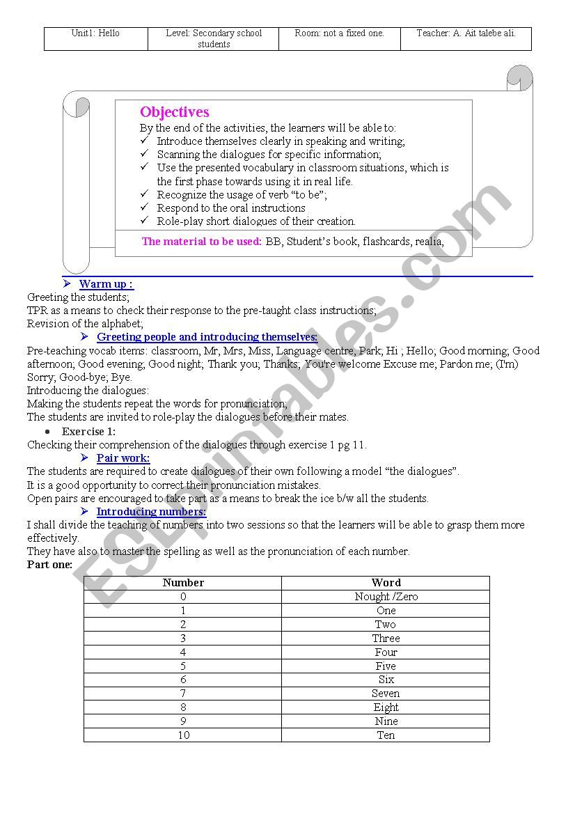 Unit 1 Hello &amp;quot;lesson Plan&amp;quot; Focus Textbook - Esl Worksheet