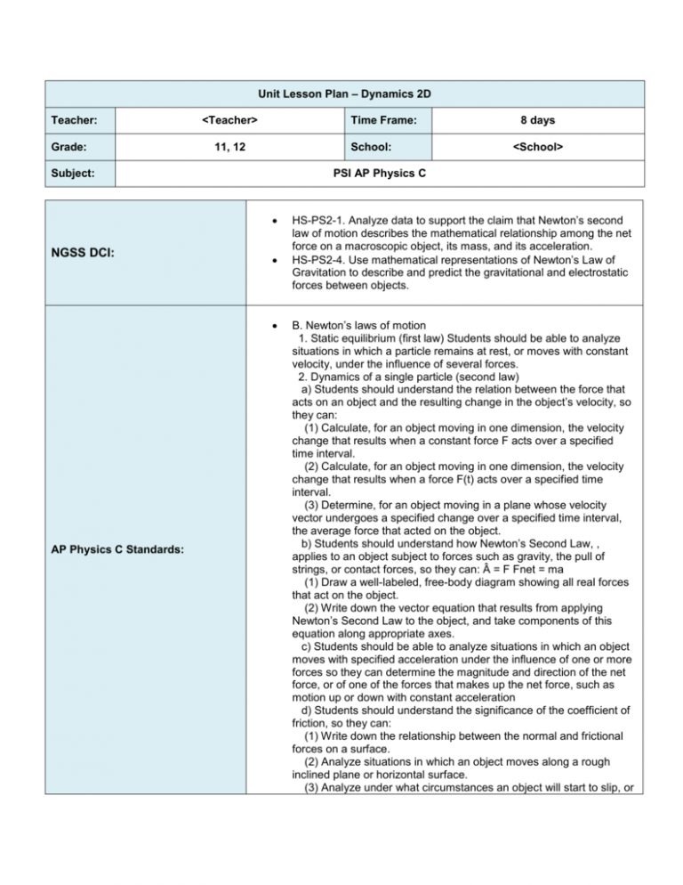 Newton's 2nd Law Of Motion Lesson Plan - Lesson Plans Learning