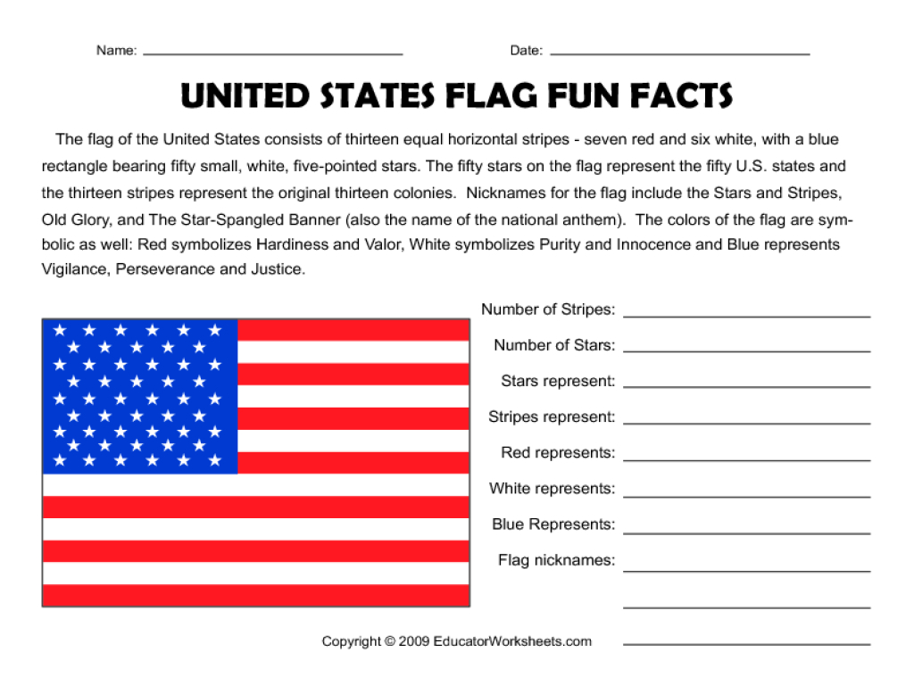 United States Flag Fun Facts Worksheet For 3Rd - 5Th Grade