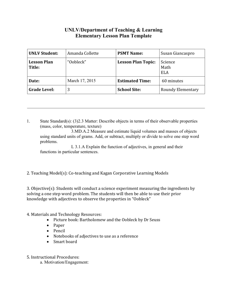 Unlv/department Of Teaching &amp;amp; Learning Elementary Lesson Plan