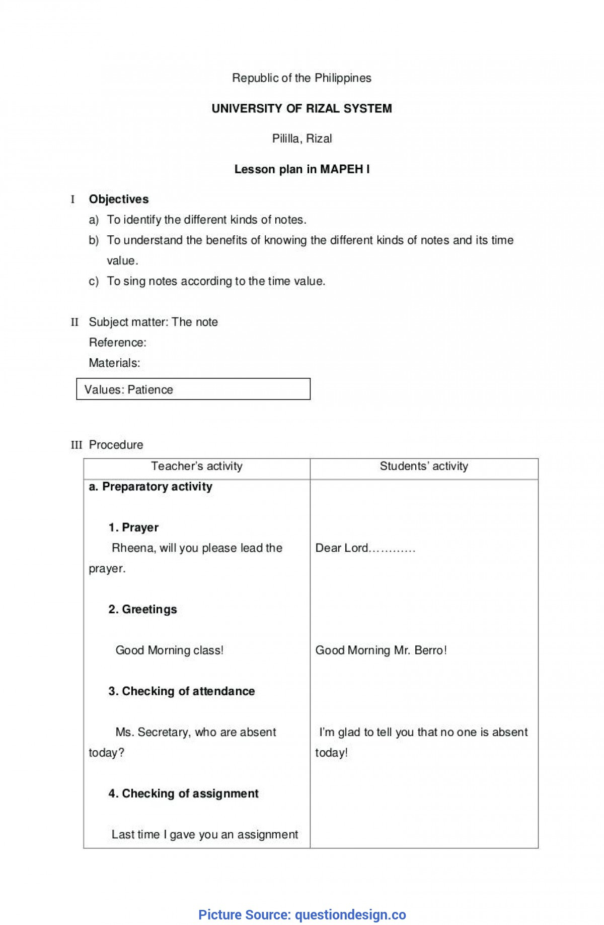 Example Of Brief Lesson Plan