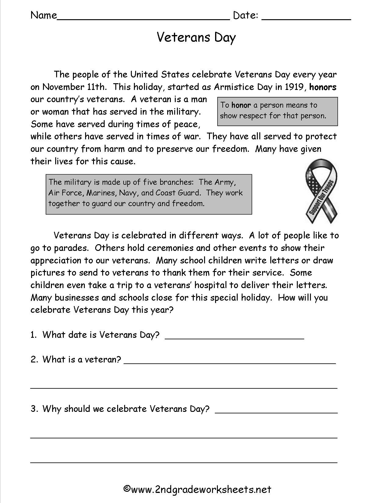 Veterans Day Worksheets | Second Grade Sentences Worksheets