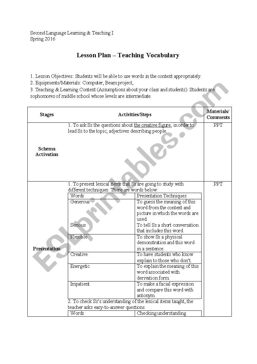 Vocabulary Lesson Plan - Esl Worksheetchaldi823