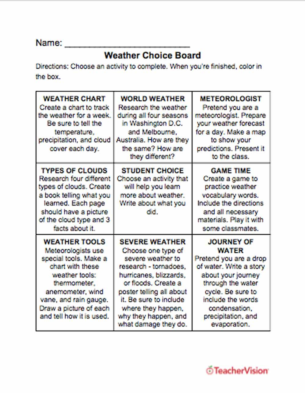 Weather Choice Board - Teachervision
