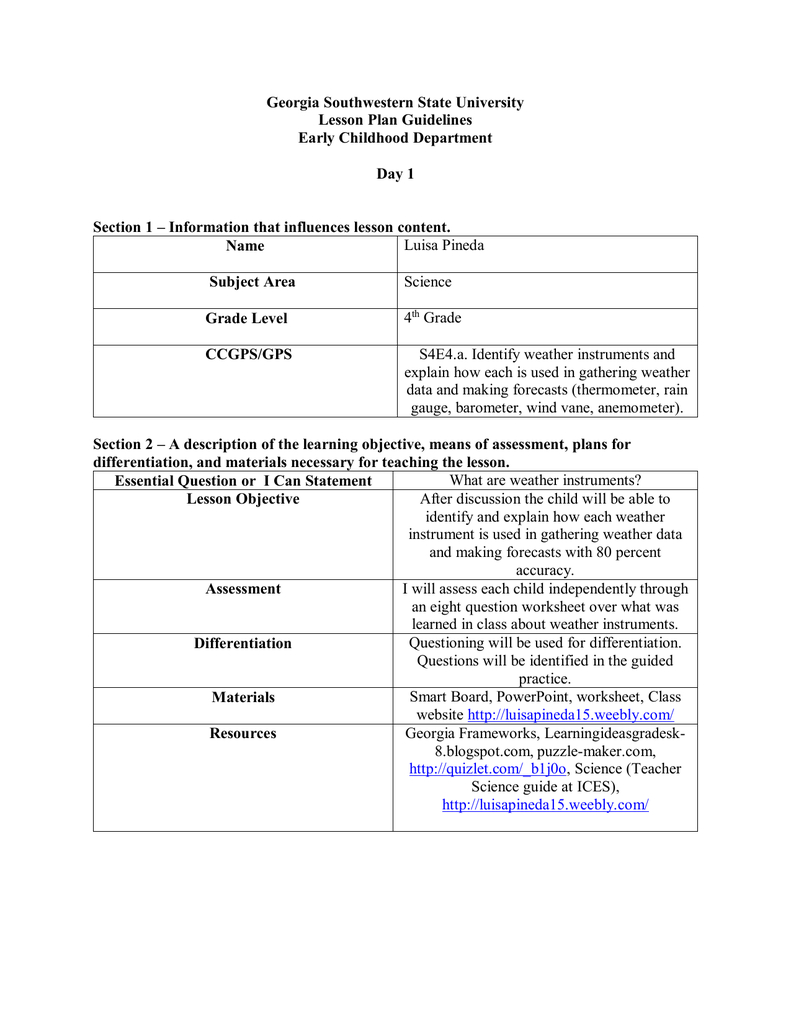 Weather Instruments Lesson Plan - Ms. Pineda`s Class