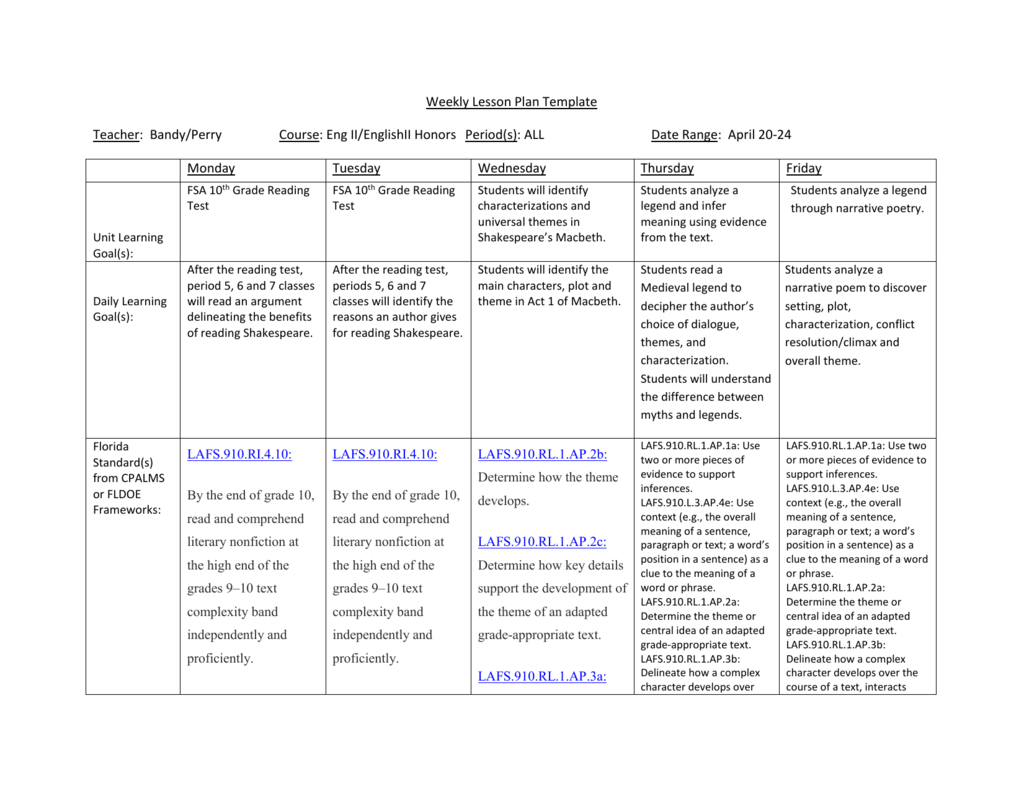 Weekly Lesson Plan Template Teacher: Bandy/perry Course: Eng Ii