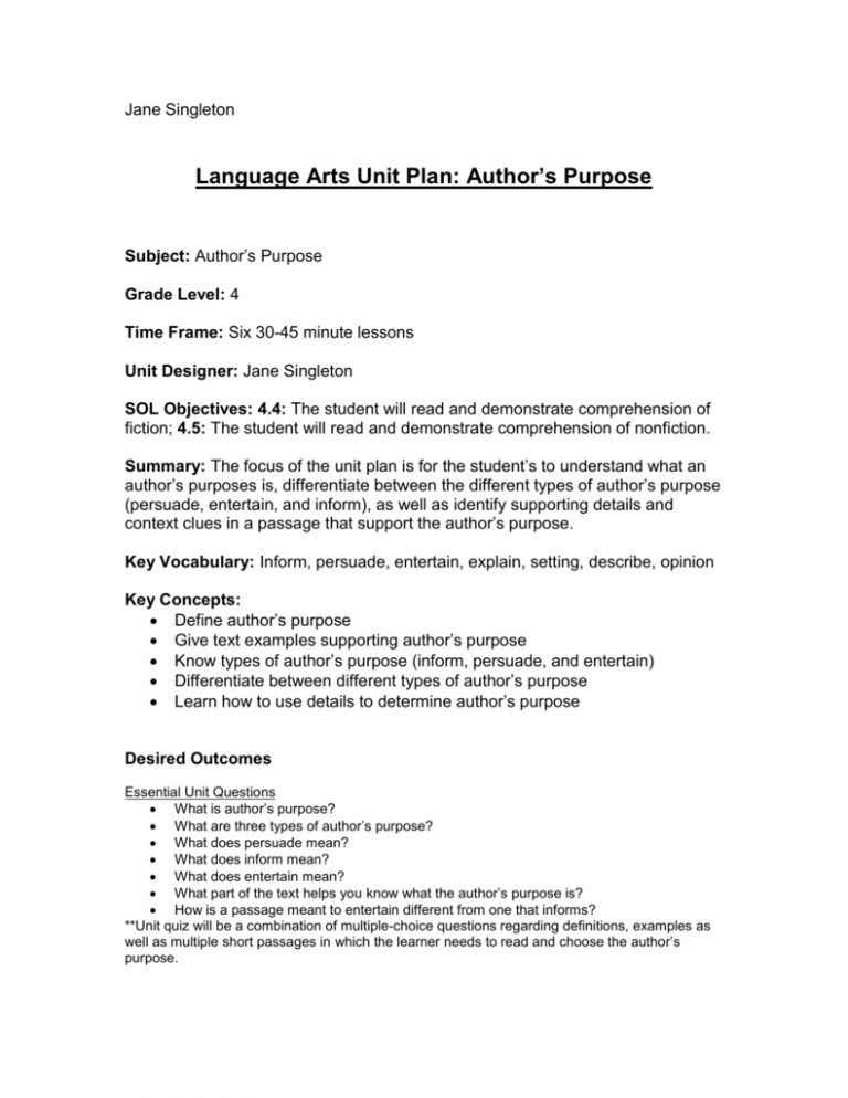 Author's Purpose Lesson Plan - Lesson Plans Learning